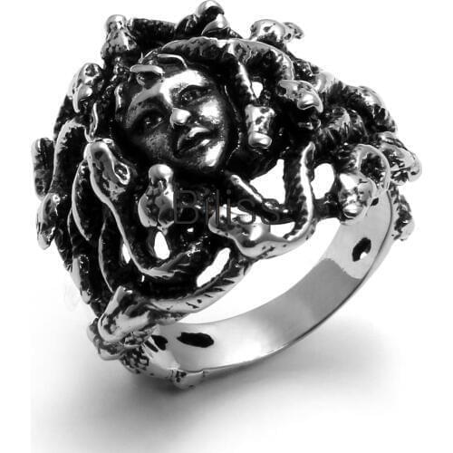 Biliss Cool Vintage Style Stainless Steel Greek Mythology Goddess Medusa Snake Haired Ring Band Jewelry, Black Silver Color