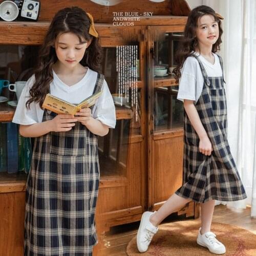 Teens Girls Clothing Sets Summer 2021 White T Shirt Plaid Braces Skirt Suit for Children Clothes Fashion Two Pieces Kids Outfits