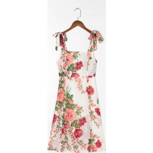 Summer Womens Casual Flower Printed Bowknot Decorated Slim Sling Dress