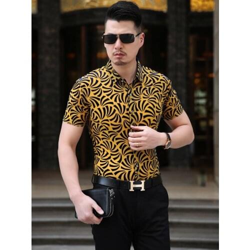 2020 High Quality Summer Geometric Patterns Mens Short Sleeve Shirts Velour Slim Fit 3xl Personality Silk Shirt