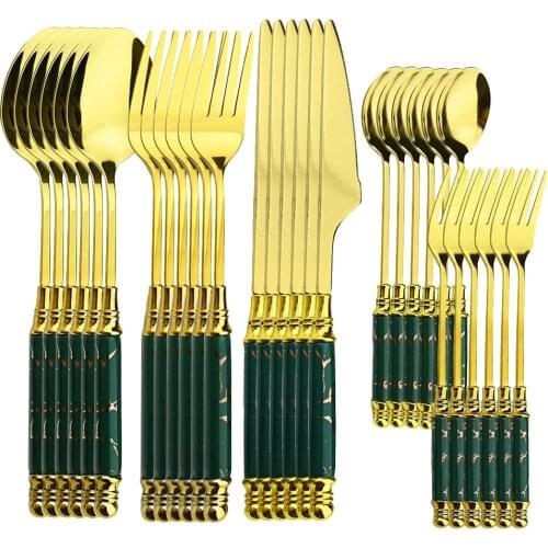 30Pcs Green Cutlery Set Dinner Knife Fork Spoon Set Stainless Steel Gold Ceramic Handle Tableware Dinnerware Set Dishwasher Safe