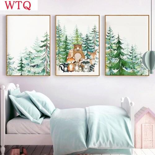 Woodland Animal Print Nursery Wall Art Painting Nordic Poster Cartoon Canvas Painting Fox Deer Bear Wall Picture Kids Room Decor