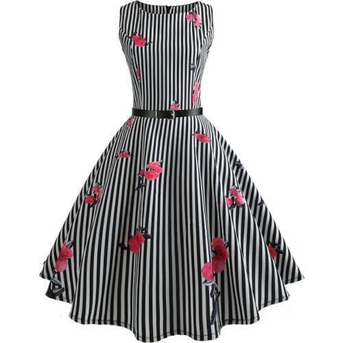 New summer striped floral print Women Summer Dress 50s 60s Retro Swing Vintage Dress With Belt sexy dancing dress Party Dresses
