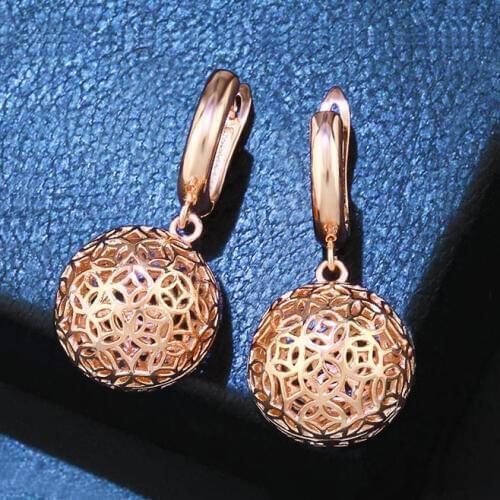 New Round Earring Unique Carved Hollow 585 Rose Gold Long Dangle Earrings Women Fashion Wedding Party Fine Trendy Jewelry