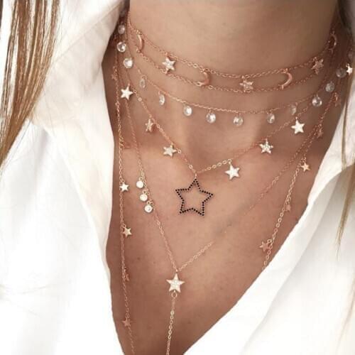 925 sterling silver with cz paved star charm with link chain choker short necklace with rose gold color plated wedding necklace