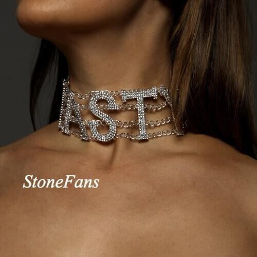 StoneFans NASTY Big Letter Choker Necklace Women SEXY FANCY RICH Rhinestone Statement Necklace 2020 Big Necklaces Chunky Jewelry