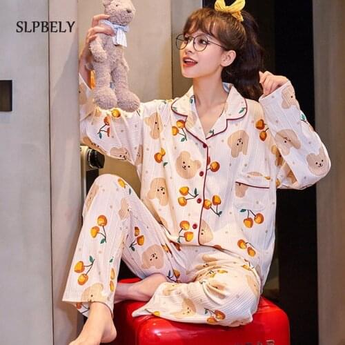 SLPBELY Pajamas Sets Sleepwear For Women Lovely Cartoon Bear Long Sleeve Home Wear Casual Cute Mujer Pijama Sleepwear Nightwear