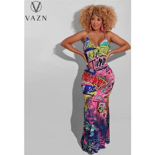 VAZN 2021 Hot Popular Print Vintage Sleeveless Dress Casual Young Chiffon Slim Young Women Maxi Dress