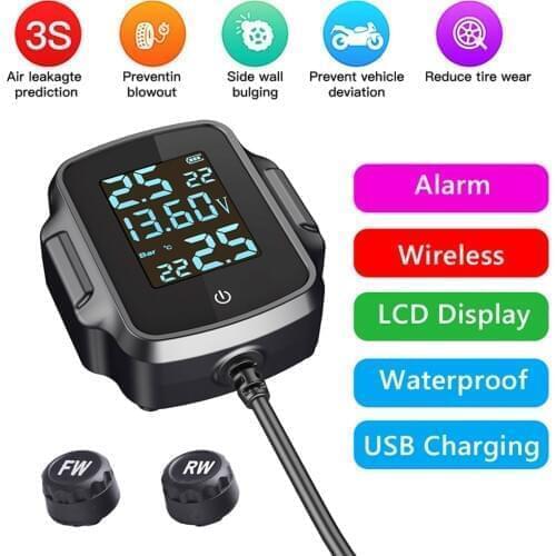 AN-08A Motorcycle TPMS Motorbike Tire Pressure Monitoring System Tyre Temperature Alarm System with QC 3.0 USB Charger for Phone