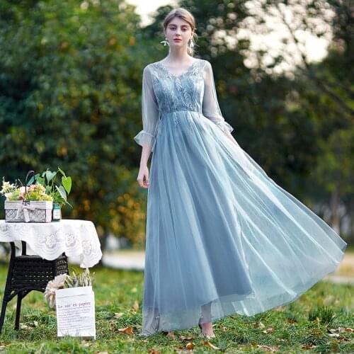 Light Blue 2021 Tulle Bridesmaid Dresses Long Sleeves V Neck Lace Up Bridesmaid Dress Plus Size for Women Wedding
