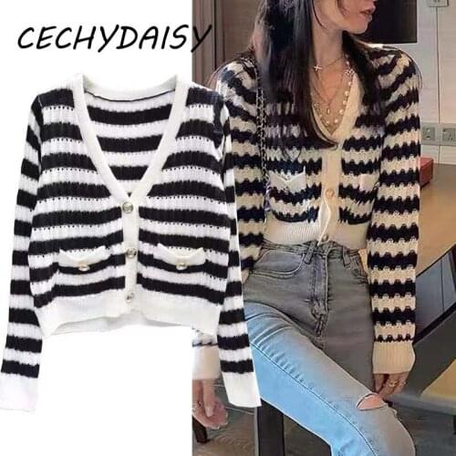Knitted Striped Sweater Cardigans Elegant Vintage V-Neck Long Sleeve High Street Korean Fashion Single Breasted Clothes Crop Top