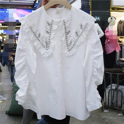 Rhinestone Doll Collar Long Sleeve Shirt Women 2021 Spring All-Matching Temperament Casual Solid Color Loose Blouse Blusas Femme
