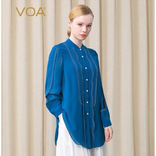 VOA Silk Dark Blue Georgette Semi-high Collar Single-breasted Silk Stitching Open Edge Straight Long Sleeve Shirt Woman BE525