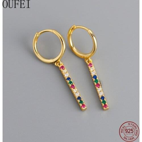 OUFEI Drop Earrings Women 925 Sterling Silver Earrings Rectangle Color Rhinestones rectangle Earrings Fashion 2020 New Jewelry