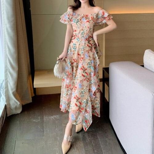 Fashion Runway Summer Flower Embroidery Mesh Dress 2021 New Women One Word Collar Elegant Slim Party Long Dress