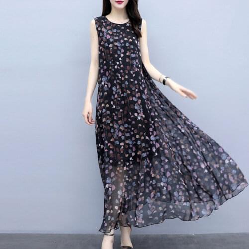 Plus Size 4XL Womens Printed Chiffon Vest Dress 2021 New Summer O-neck Sleeveless Female Loose Casual Long Dresses aq345