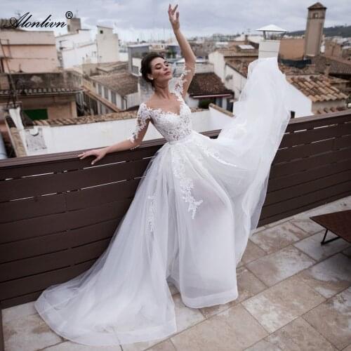 Alonlivn Elegant 2 In1 Boho Wedding Dress Vestidos de Boda V Neck Sexy Short Skirts Inside Bridal Dresses