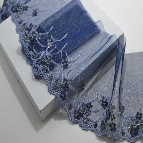 15Yards Blue Lace Trim Exquisite Mesh Net Flowers Embroidered 15cm Wide High Quality for Sofa Curtain Accessories