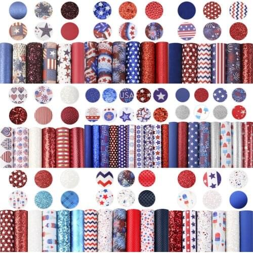 Fourth of July Faux Leather Sheets Chunky Glitter Jelly Flag Star Printed Synthetic Leather Fabric Set for DIY Earrings Hair Bow