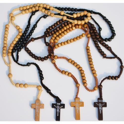 6pcs Wood Color Wooden Beads Religious Pray Necklace Rosary Beads Jewelry Necklace Jesus Gifts