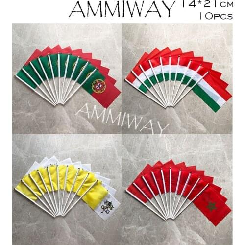AMMIWAY 14x21cm 10pcs Portugal Hungary Vatican Morocco National Flag with Plastic Pole Hand Waving Flags Country Polyester Flag