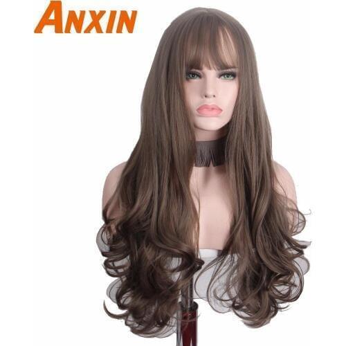 Anxin Long Curly Synthetic Wigs with Bangs Brown Womans Hair Heat Resistant High Temperature Kinky Cosplay Wig for Women