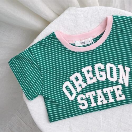 Childrens pure cotton green striped T-shirt short sleeve 2018 summer new Korean boy boy girl T-shirt