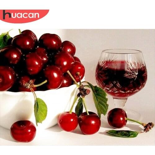 HUACAN Full Square/Round Diamond Painting Fruit Cherry Embroidery Mosaic Cup Cross Stitch Bedroom Decoration