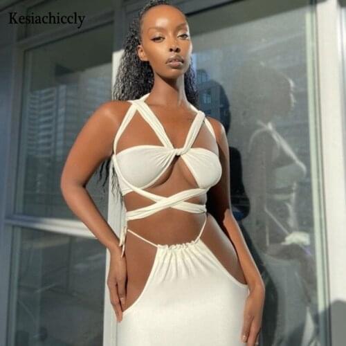 Kesiachiccly V Neck Bandage Summer Dress Women Sexy Hollow Out Pleated Party Dress Female Backless Bodycon Long Dresses 2021