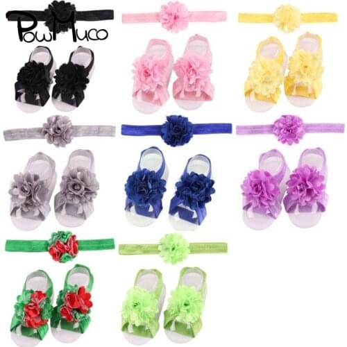 Powmuco Fashion Handmade Flowers Barefoot Sandals and Elastic Hairband Set DIY Baby Foot Decoration Newborn Photography Props