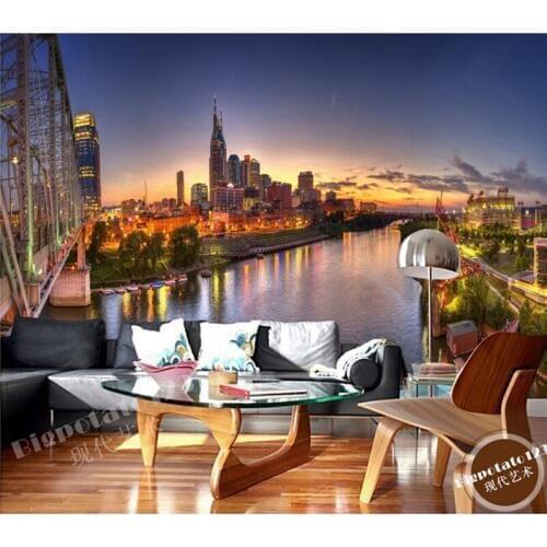 The latest 3D murals, beautiful city night view of the lake bridge tower, living room TV sofa bedroom background wall paper