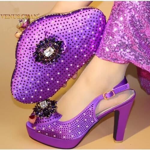 2020 Purple Color African Women Shoes and Bag Set Decorated with Rhinestone Italian Shoes with Matching Bag Set Italy Shoes