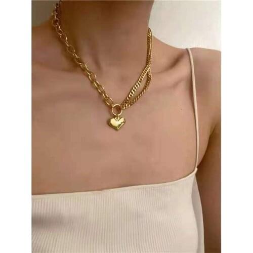 14K Gold Plated Stainless Steel Heart Shape Pendant Necklace Cuban Chain Cable Chain Splicing Choker Jewelry for women