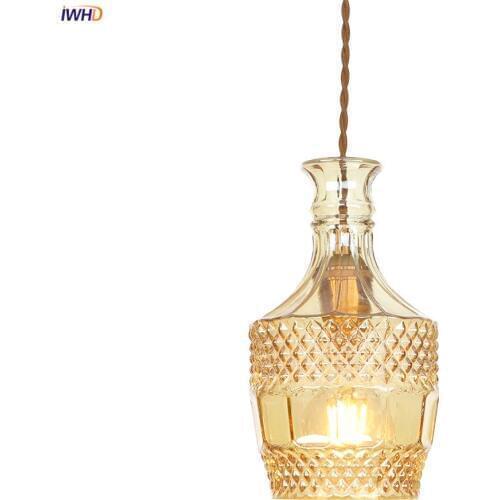 IWHD Amber Glass Bottle LED Pendant Light Beside Dinning Living Room Nordic Style Modern Copper Hanging Lamp Lights Luminaira