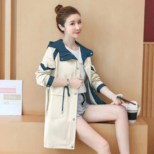 2020 Spring Autumn Classic Long Trench Coat Women Casual Windbreaker Female Overcoat Hooded Coat Female Slim Outwear m483