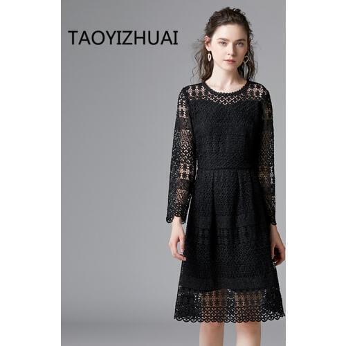 TAOYIZHUAI autumn winter black lace women dress o neck full sleeve vintage style straight plus size knee length for party 14348