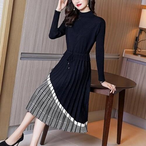2021 New Patchwork Striped Knitted Dresses Fashion Autumn Winter Women Slim Belt Dresses Half High Collar Female A-Line Dresses