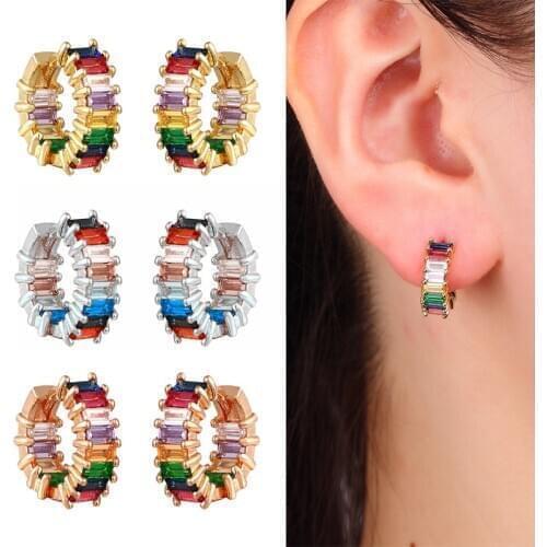 1 Pair Small Hoop Earrings Women T CZ Rainbow Jewelry Gold Silver Color Rose Bling Geometric T CZ Hoops Earring Indian Round
