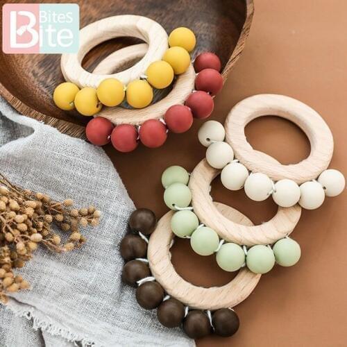 Bite Bites 1PC Food Grade Silicone Beads Teether Chewing Wooden Bracelet Baby Care Products Wooden Teething Ring Baby Rattle Toy