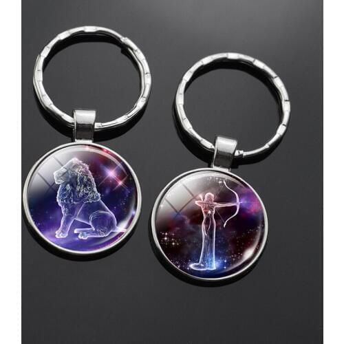 12 Constellations Trinket 12 Zodiac Leo Virgo Cancer Gemini Libra Pisces Glass Cabochon Keychain Pendant Keyring for Men Women