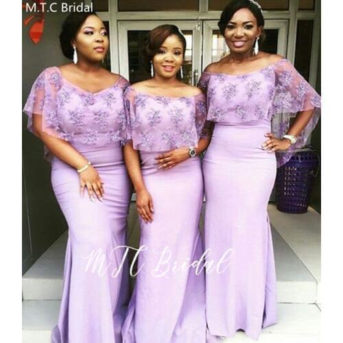2020 Elegant Lavender Lace African Bridesmaid Dresses Half Sleeves Mermaid Elastic Satin Long Maid Of Honor Dress Customize