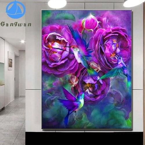 3D Diamond Embroidery Hummingbird and Purple Rose Full round square Diamond painting Cross Stitch,DIY,Mosaic,wall Arts & Craft