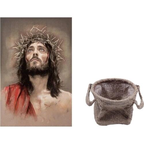 1 Set 5D Diy Diamond Paintings Jesus Christ Birth Wall Painting & 1 Pcs Woven Storage Basket Dirty Clothes With Handles