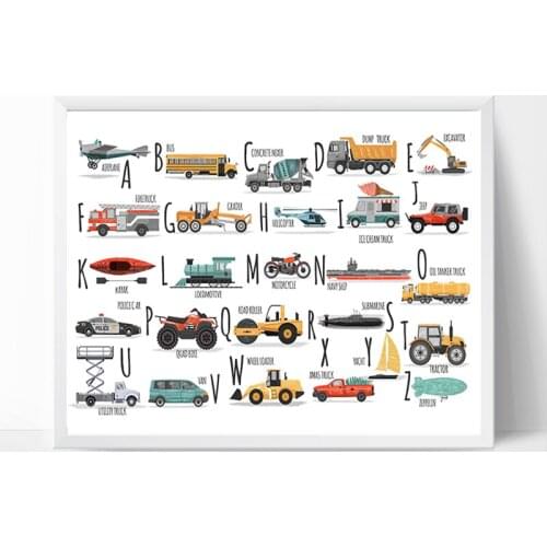Car Alphabet Art Canvas Painting Wall Pictures , Transportation Vehicle Canvas Art Prints Boy Room Nursery Toddler Wall Decor