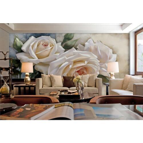 Custom 3D large mural,beautiful white rose oil painting papel de parede ,living room sofa TV wall bedroom wall paper