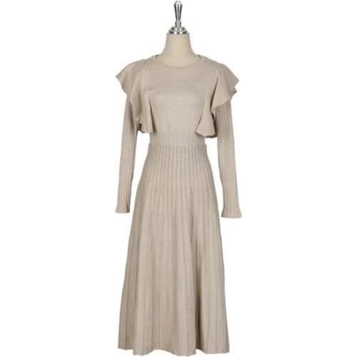 PERHAPS U Black Apricot Knitting O-neck Ruffle Long Sleeve Pleated Empire Knee Length Dress Elegant Casual Spring D2307