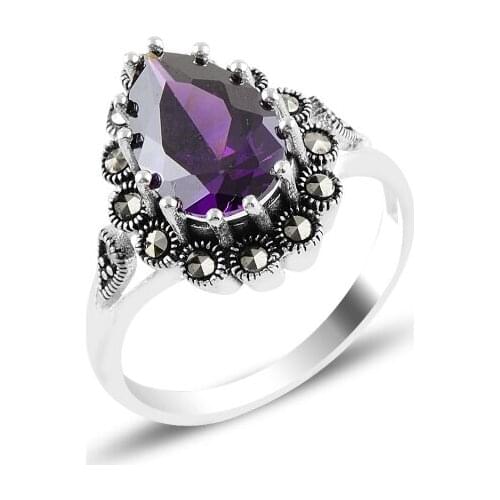 Silver 925 Sterling Marcasite & Amethyst Zircon Cubic Zirconia Drop Ring