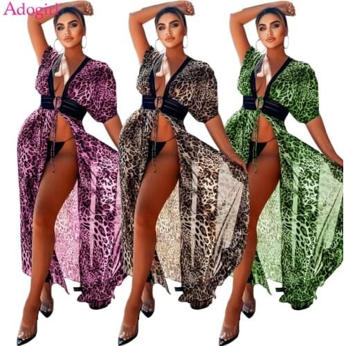 Adogirl Hollow Out Lace Leopard Print Maxi Beach Chiffon Dress Women Sexy V Neck Short Sleeve Drawstring Long Swimwear Cover Up