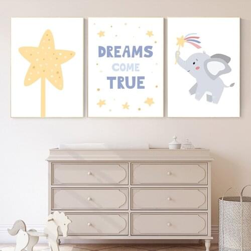 Cute Cartoon Elephant Magic Wand Lettering Poster Kids Wall Art Nordic Canvas Paintings Prints Baby Room Interior Decoration