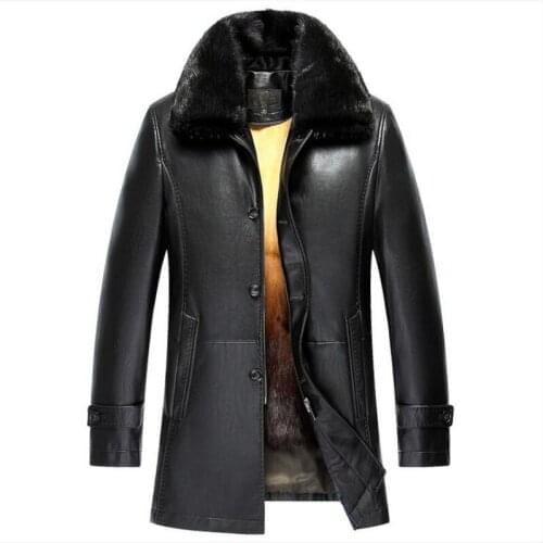 New Winter Men Genuine Leather Coat Long Mens Leather Jacket Mink fur collar gold rex rabbit hair Lining EMS free shipping